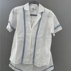 Princess Polly White Short-Sleeve Button-Down Shirt cotton shorts set Blue Trim
